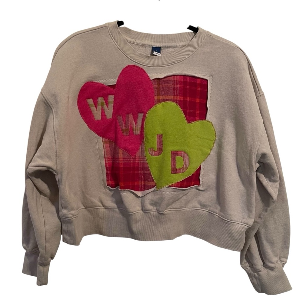 WWJD on Hearts Remade Cream Cropped Sweatshirt Size L